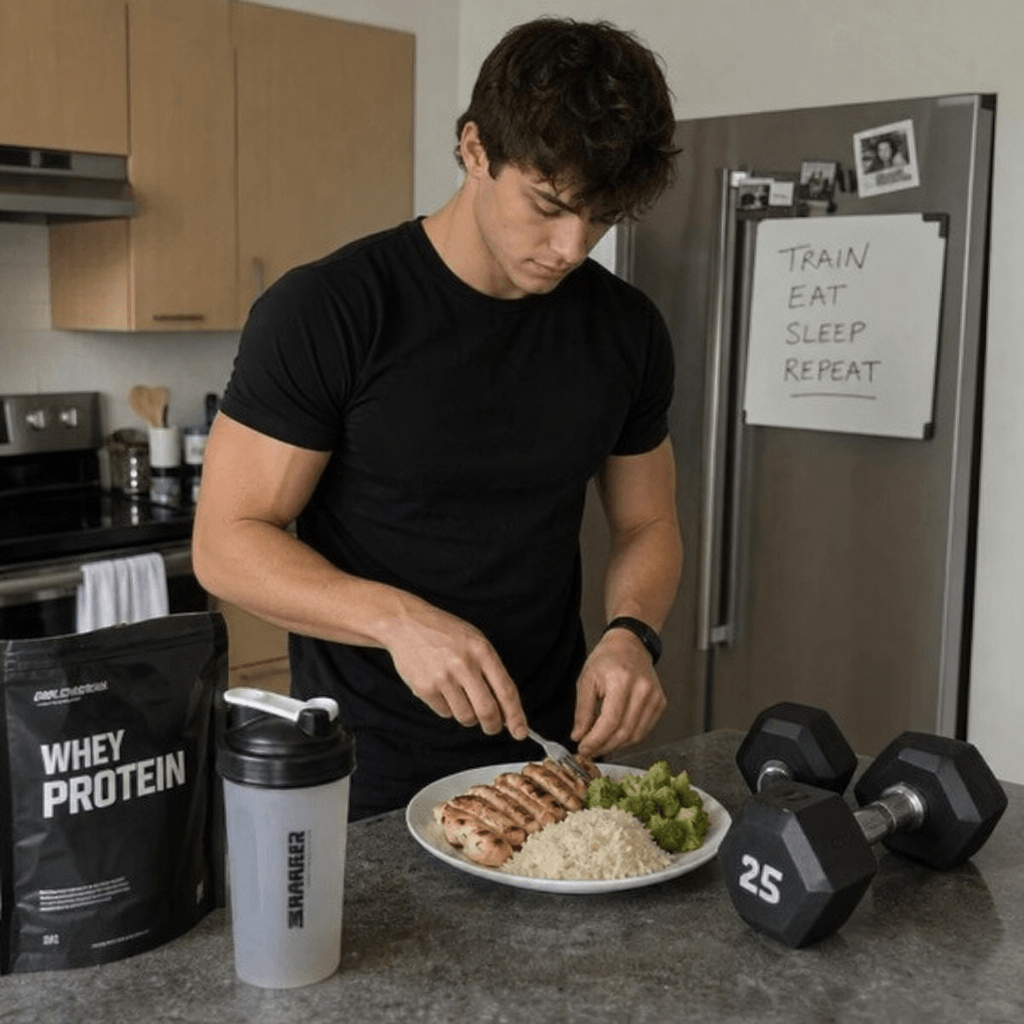 A man in a black t-shirt plates grilled chicken with rice and broccoli in a kitchen, beside a whey protein bag and shaker bottle on the counter.
